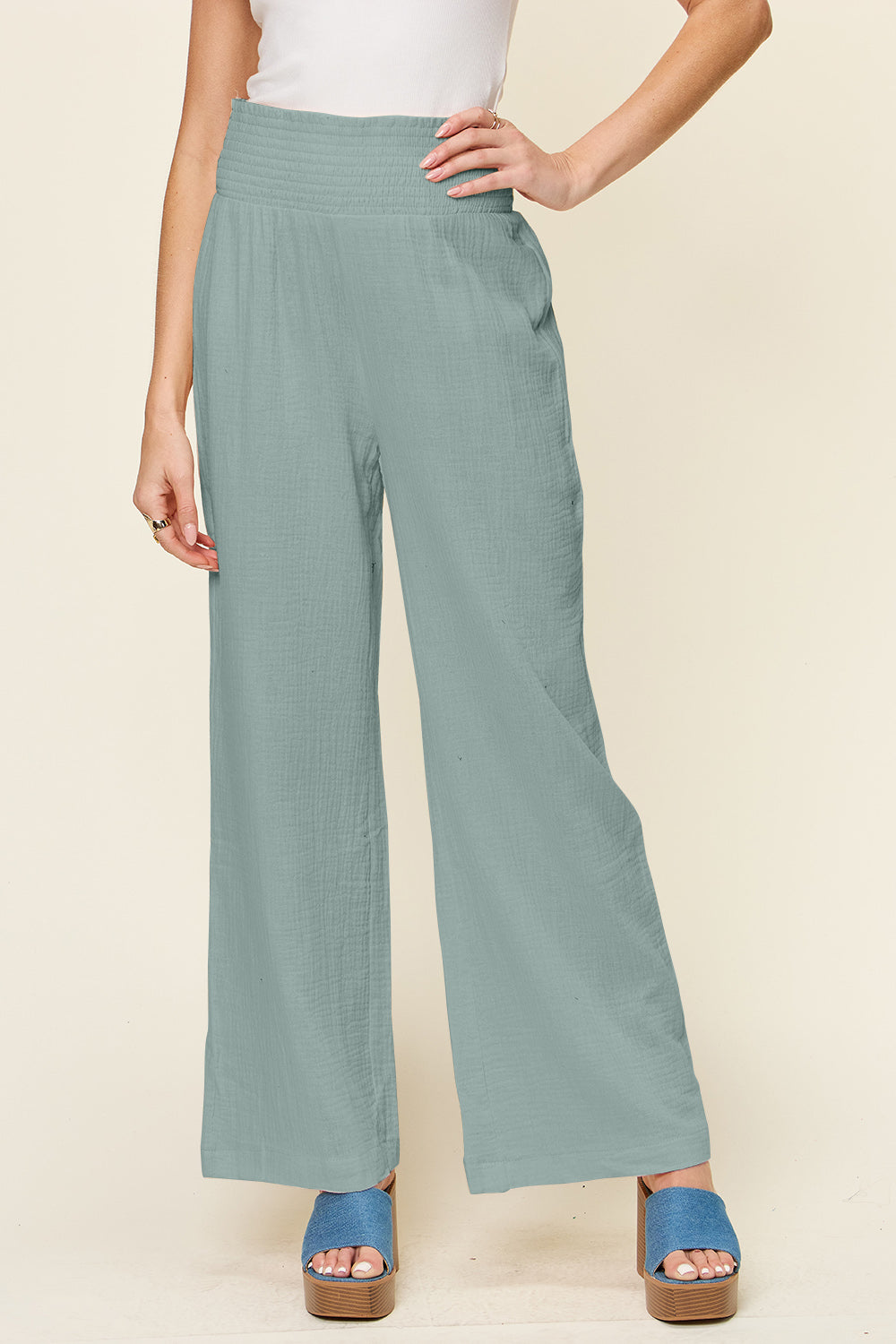 Full Size Texture Smocked Waist Wide Leg Pants