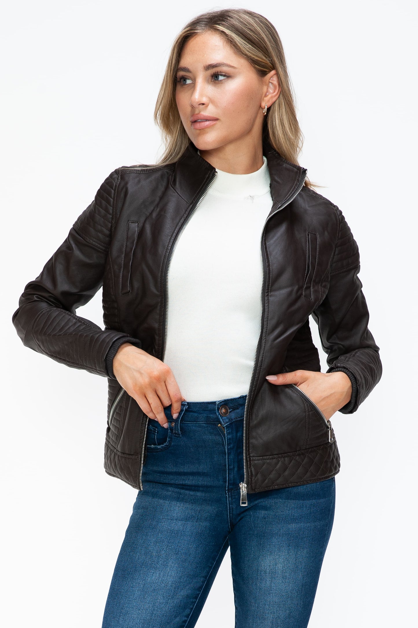 Vegan Layered Double-Zipper Jacket with Fuzzy Hood