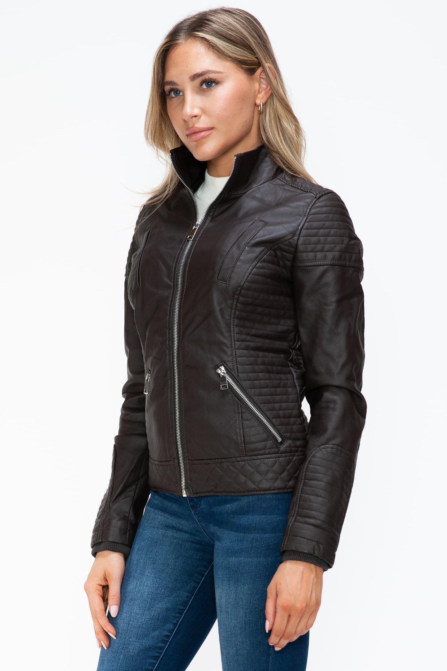 Vegan Layered Double-Zipper Jacket with Fuzzy Hood