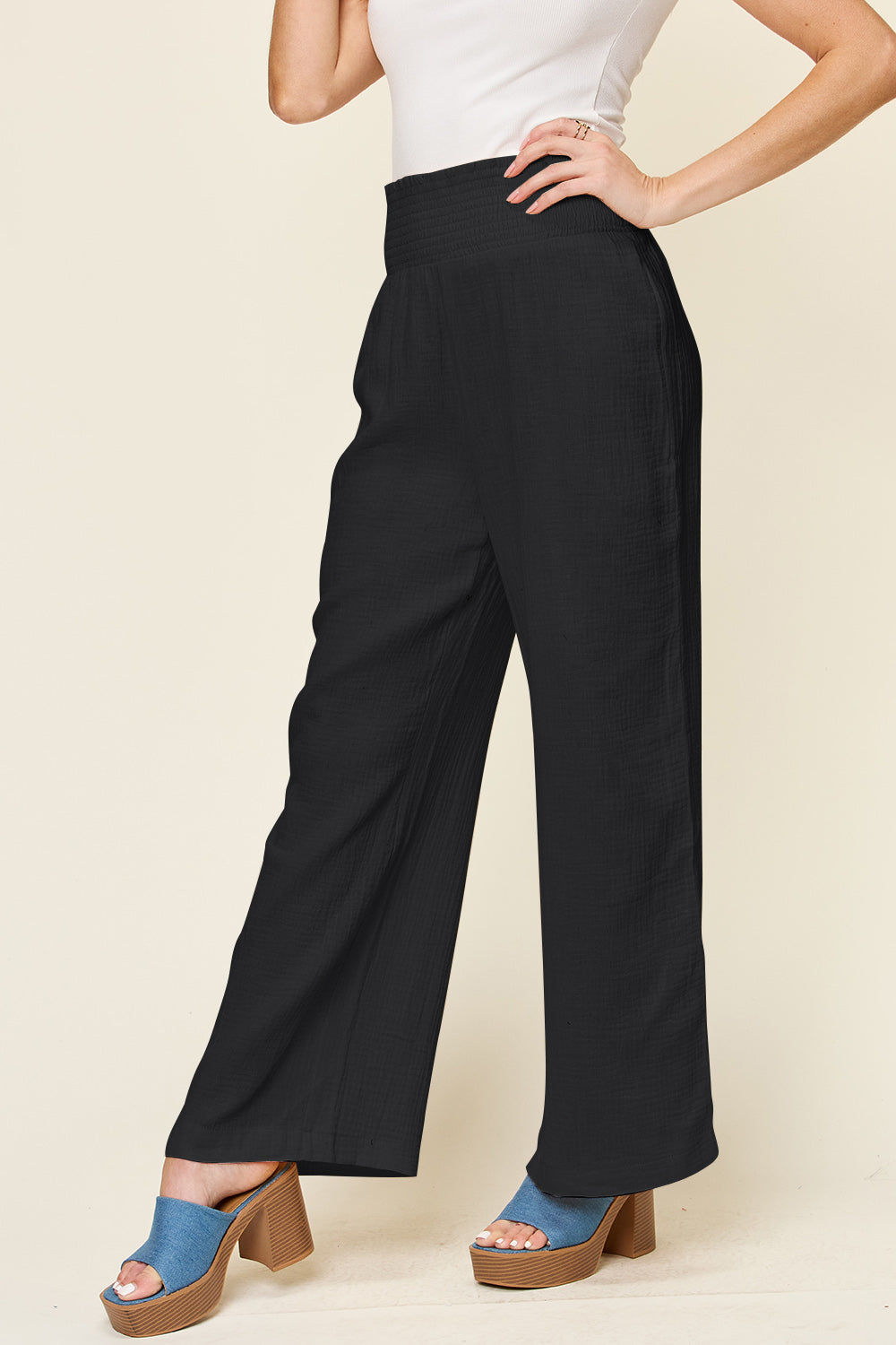 Full Size Texture Smocked Waist Wide Leg Pants