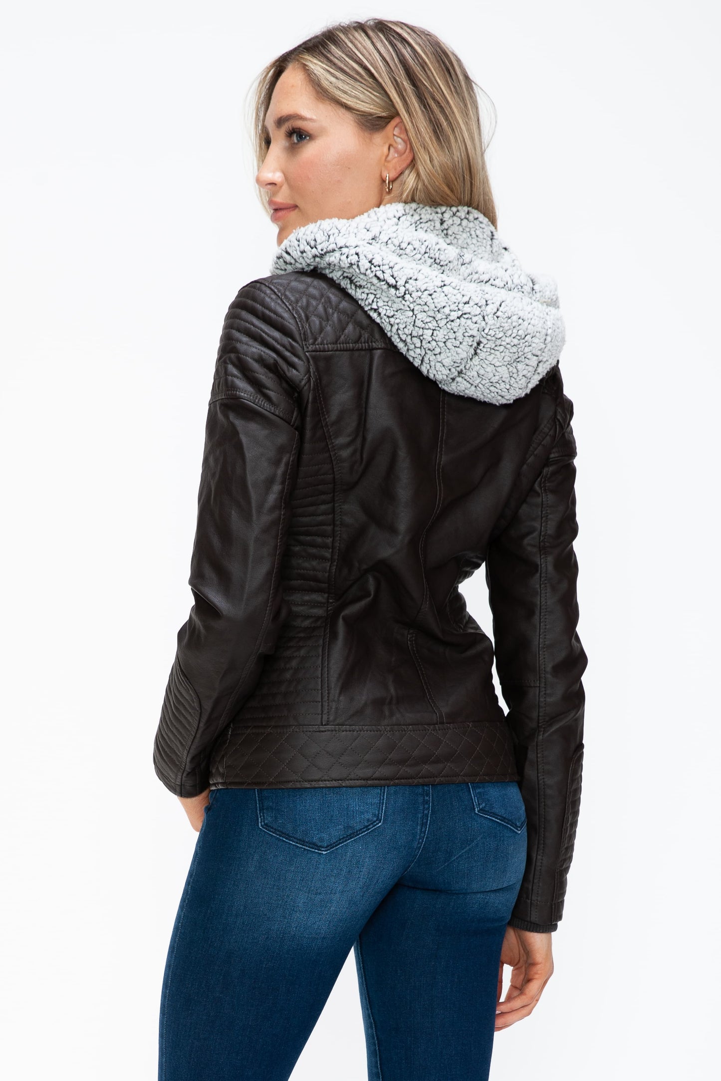 Vegan Layered Double-Zipper Jacket with Fuzzy Hood