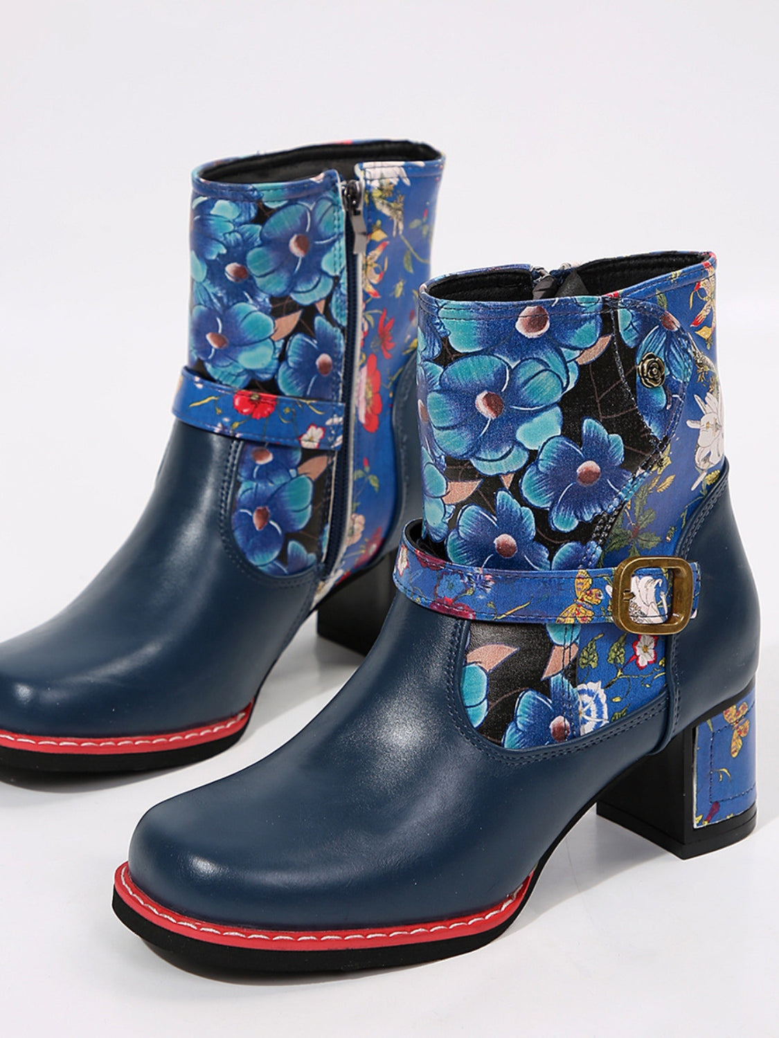 Vegan Leather Flower Block Heel Boots