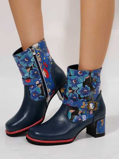 Vegan Leather Flower Block Heel Boots