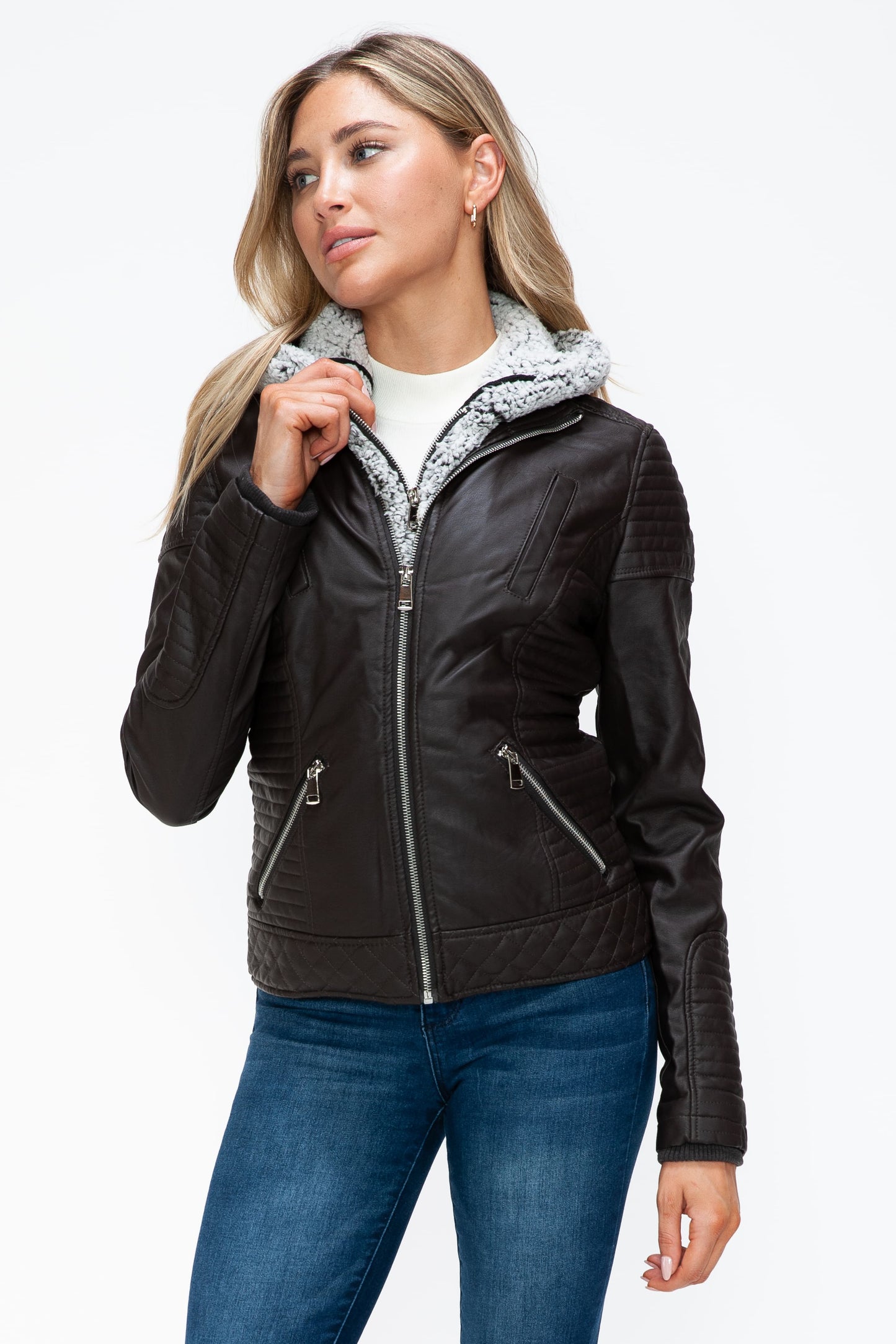 Vegan Layered Double-Zipper Jacket with Fuzzy Hood