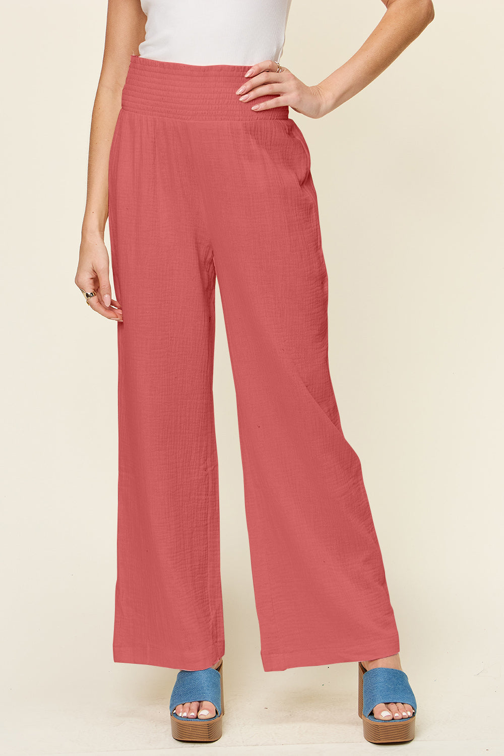 Full Size Texture Smocked Waist Wide Leg Pants