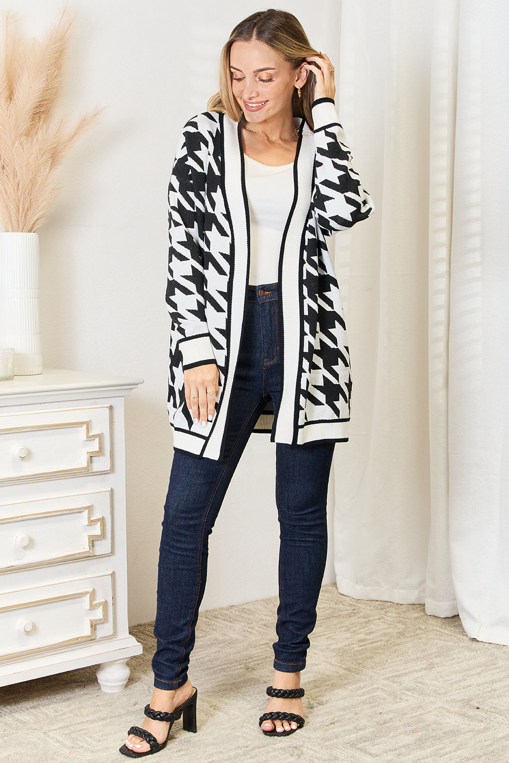 Houndstooth Open Front Longline Cardigan