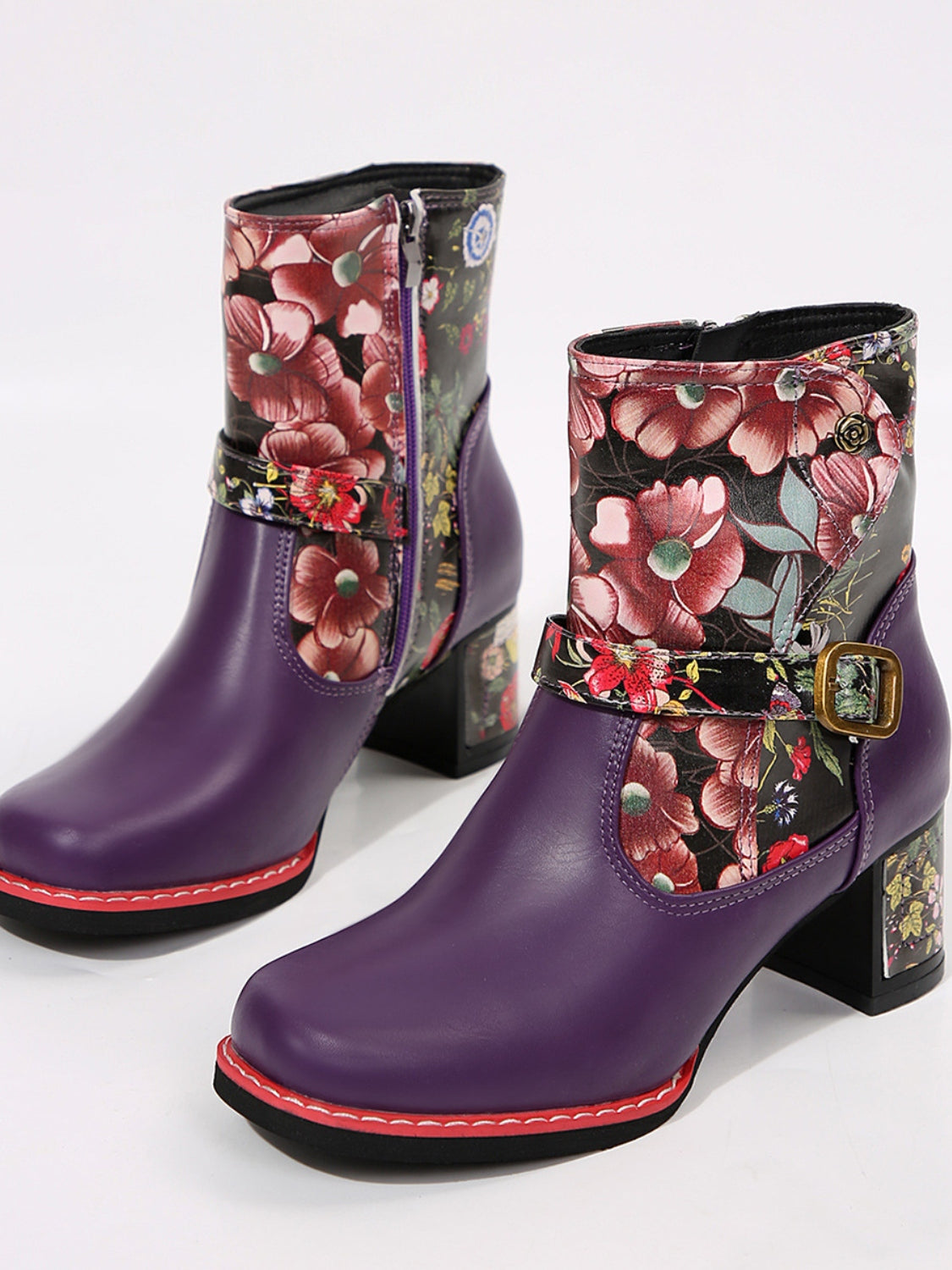 Vegan Leather Flower Block Heel Boots