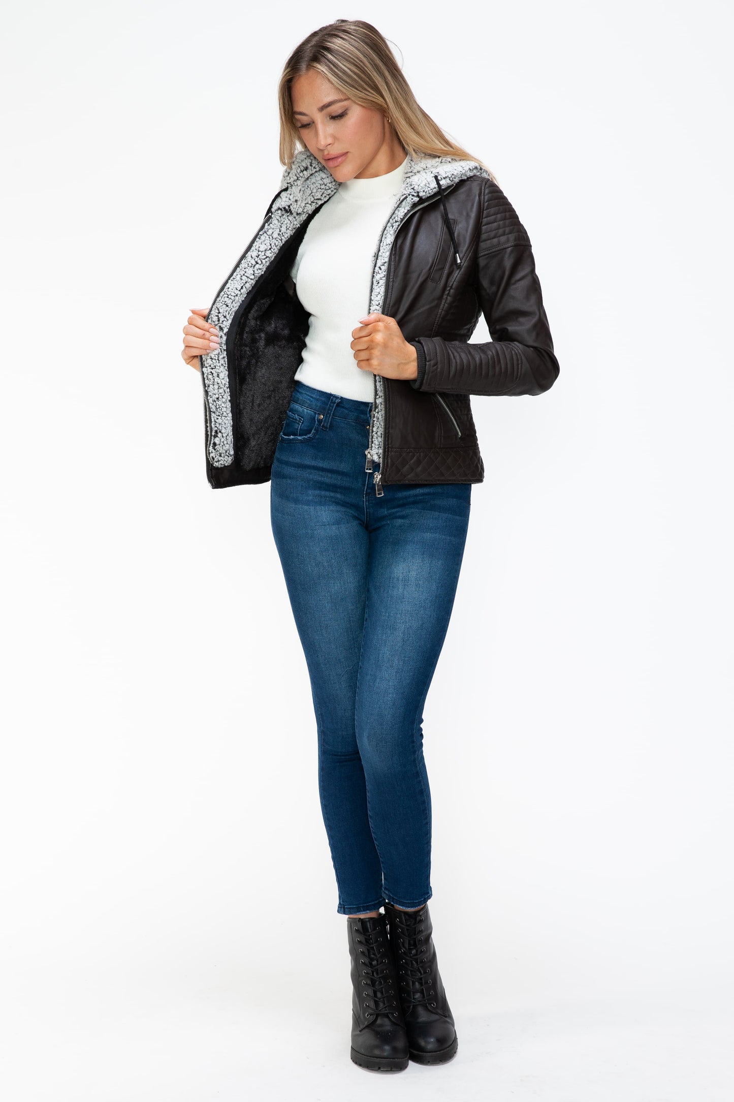 Vegan Layered Double-Zipper Jacket with Fuzzy Hood