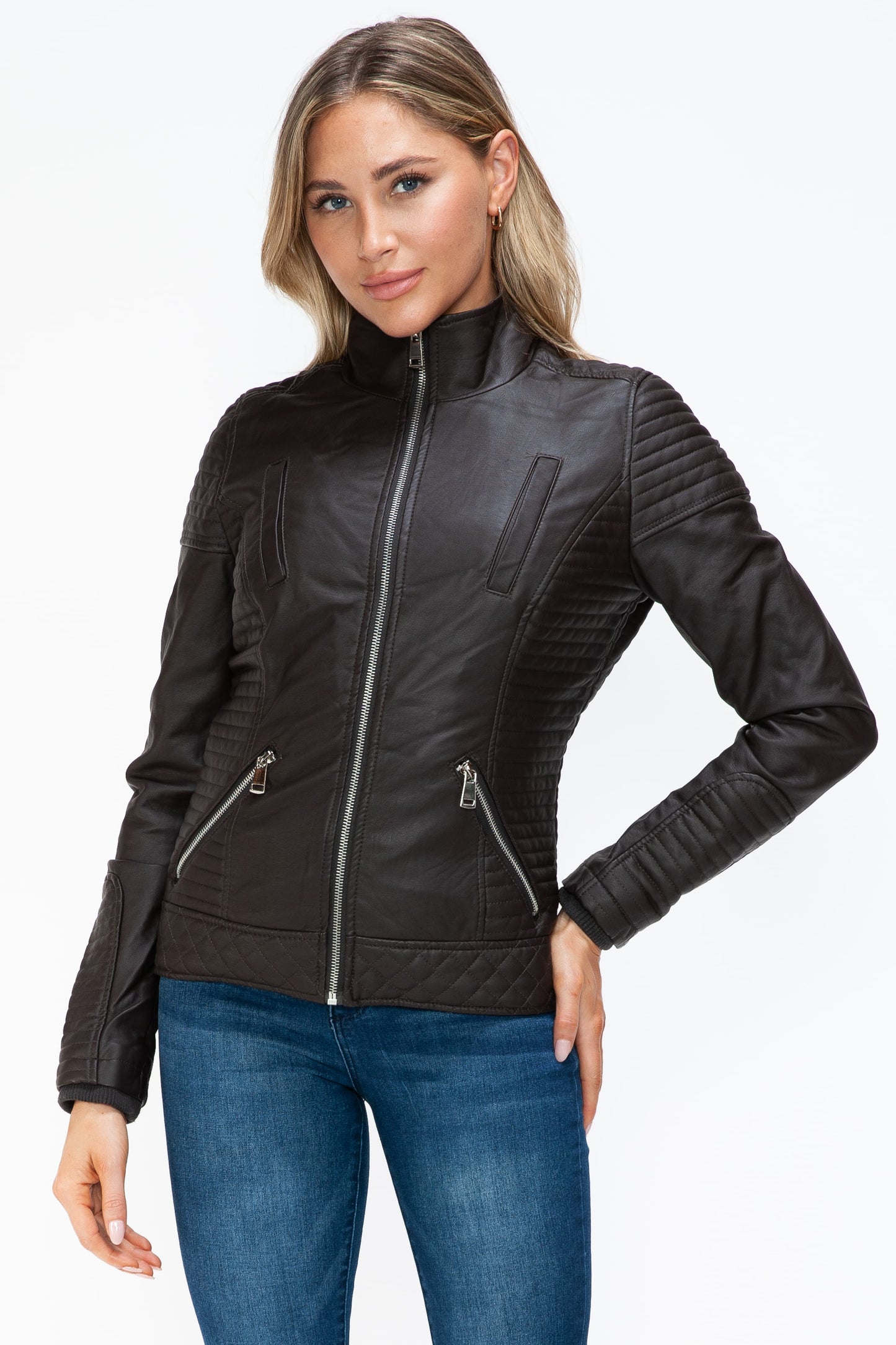 Vegan Layered Double-Zipper Jacket with Fuzzy Hood