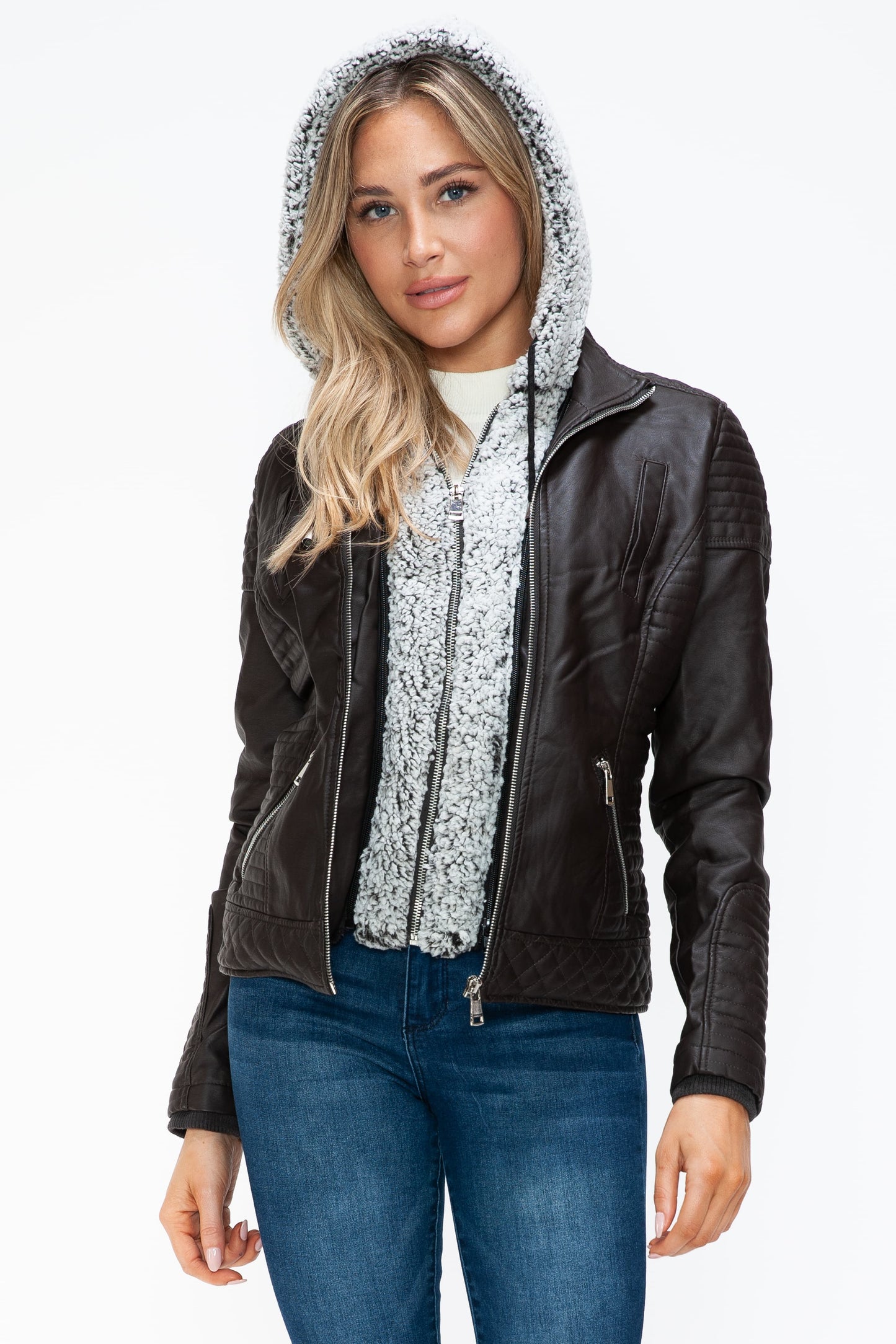 Vegan Layered Double-Zipper Jacket with Fuzzy Hood