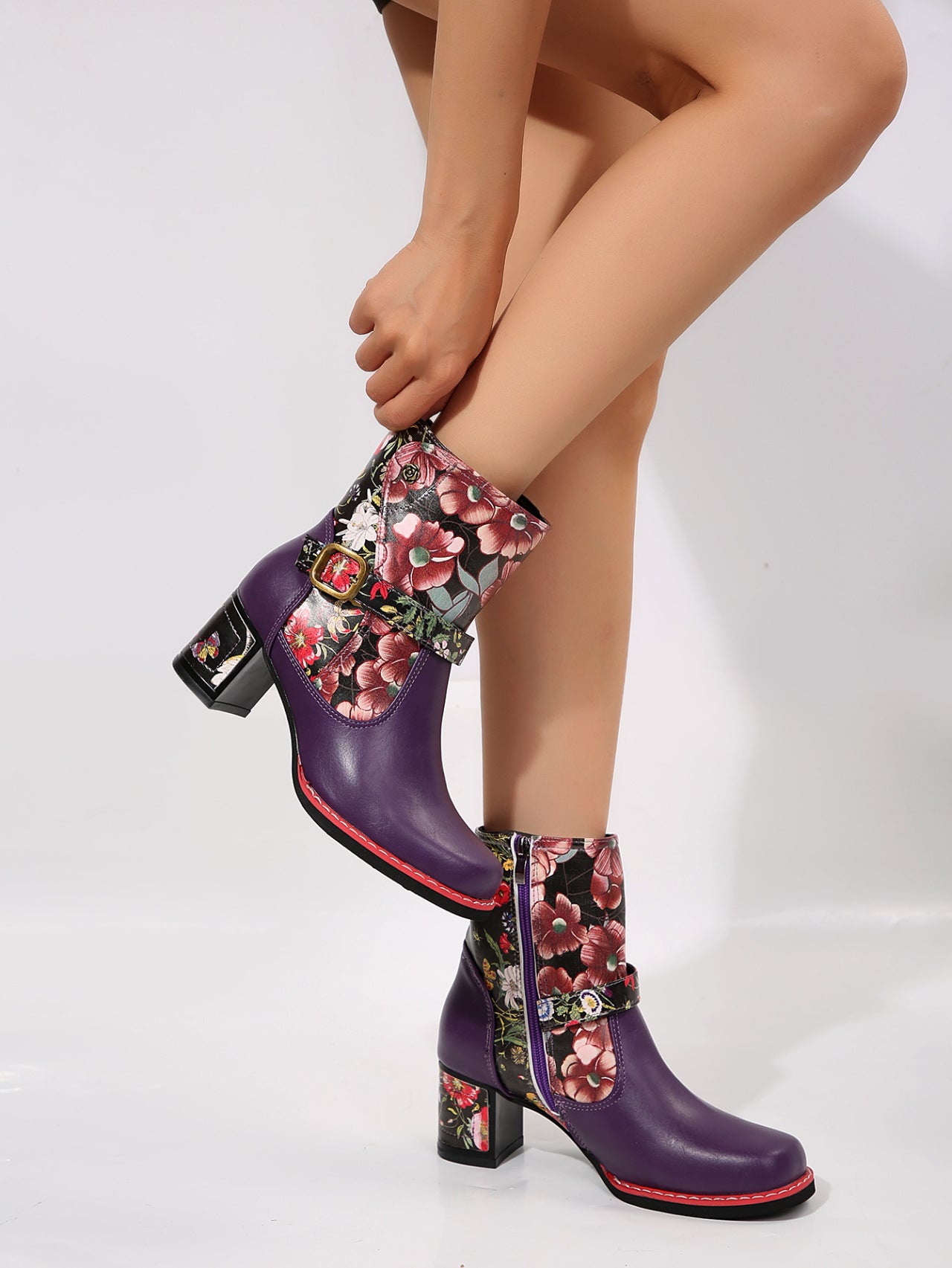 Vegan Leather Flower Block Heel Boots