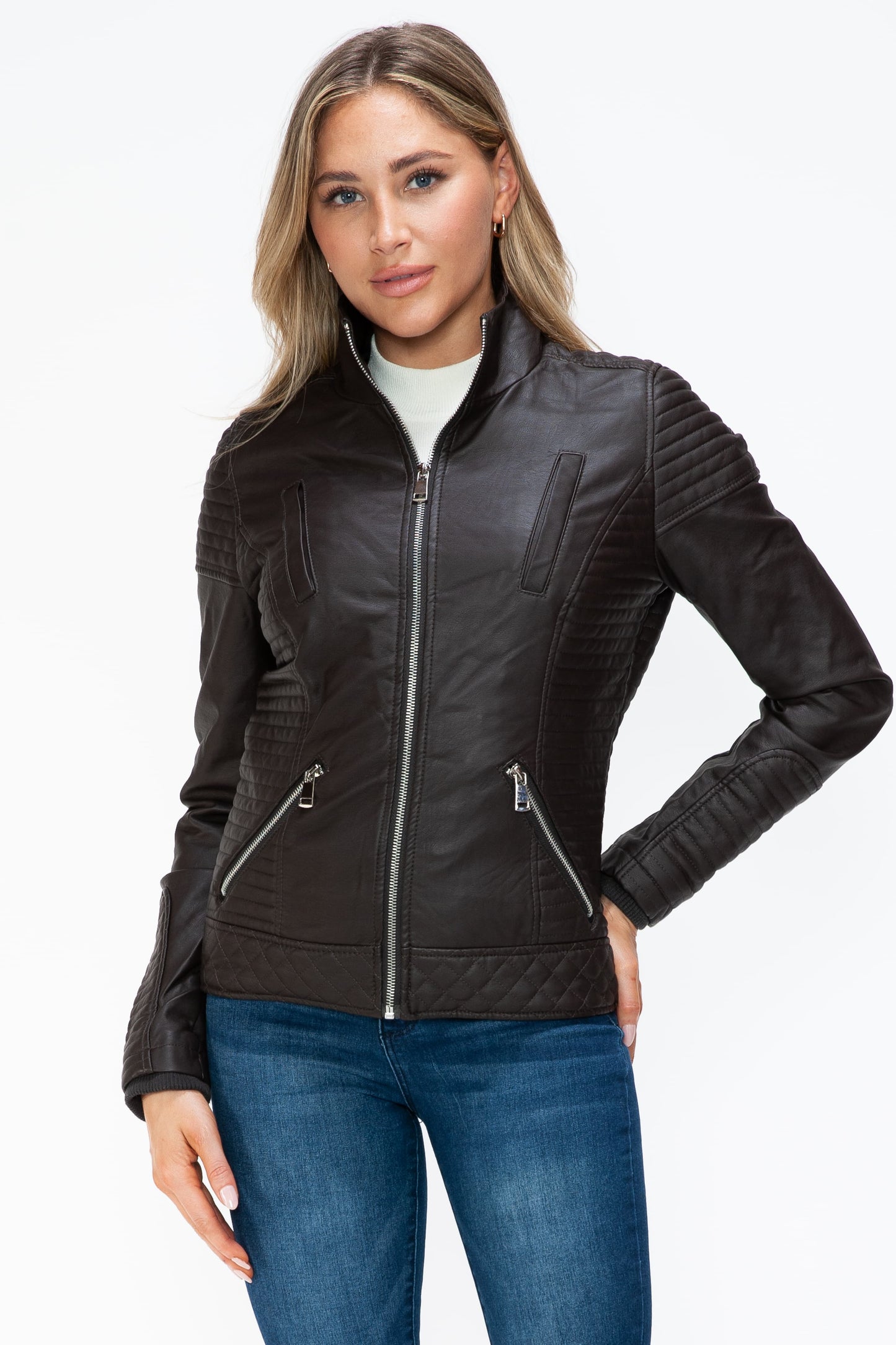 Vegan Layered Double-Zipper Jacket with Fuzzy Hood