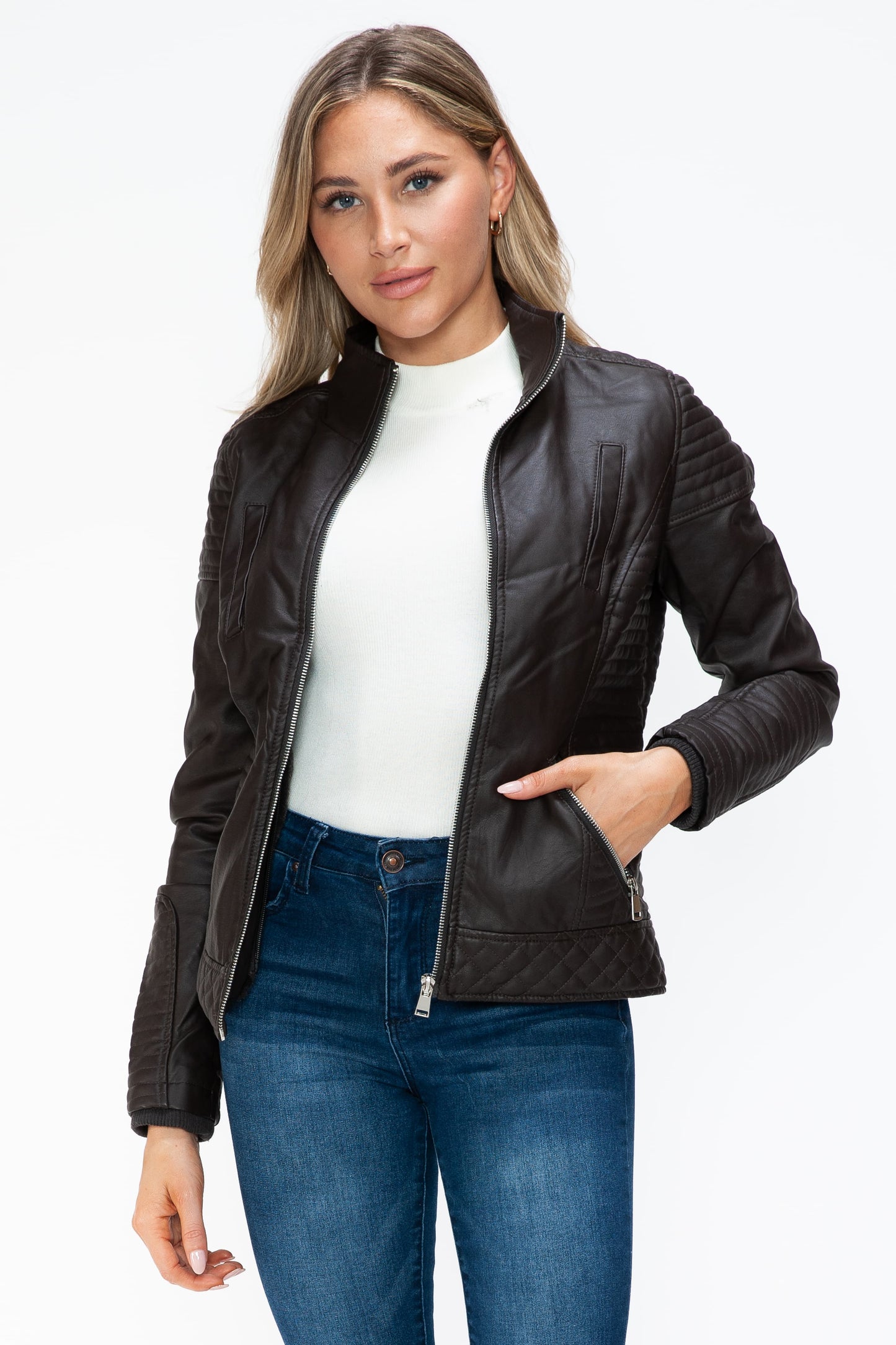 Vegan Layered Double-Zipper Jacket with Fuzzy Hood