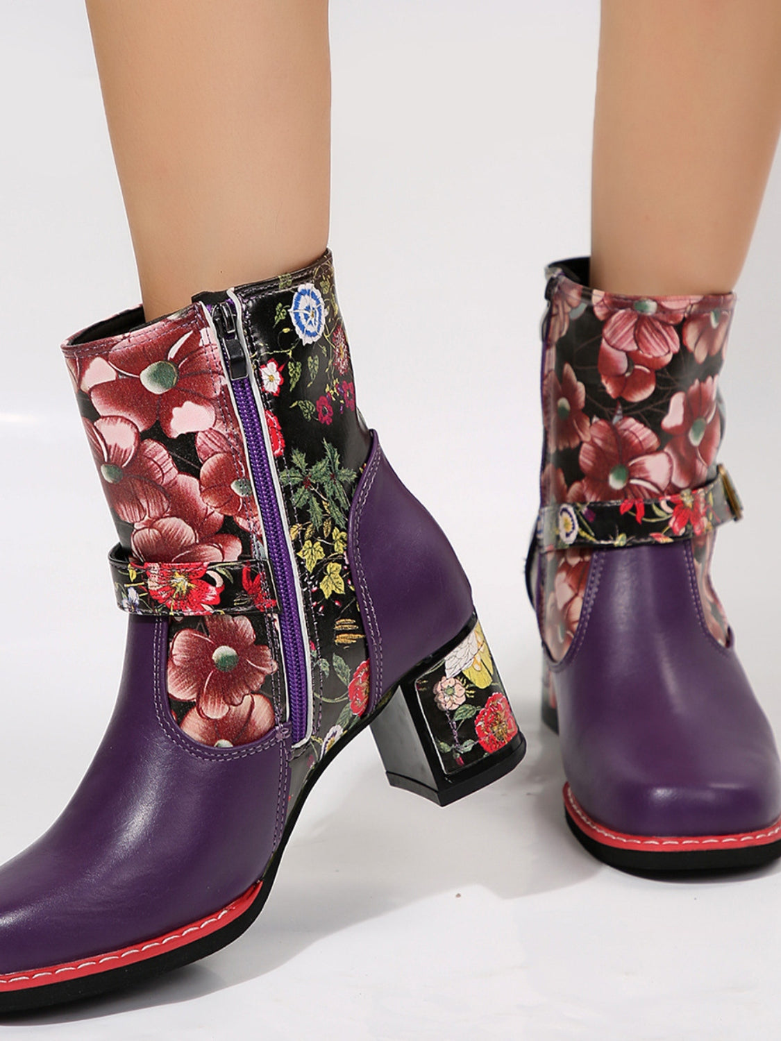 Vegan Leather Flower Block Heel Boots