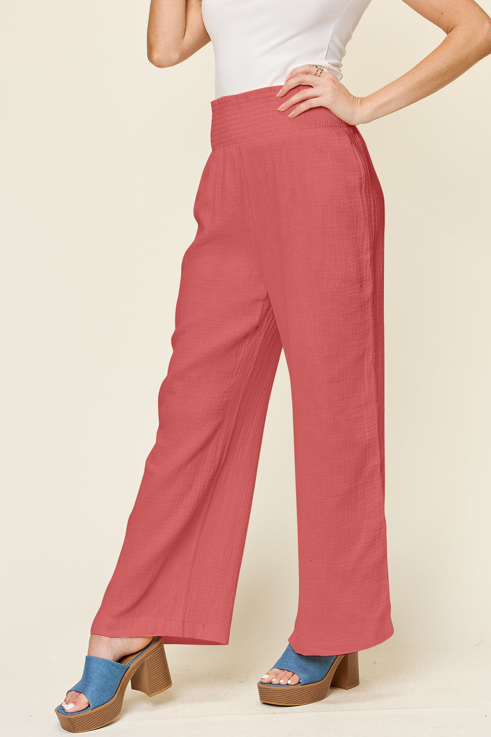 Full Size Texture Smocked Waist Wide Leg Pants