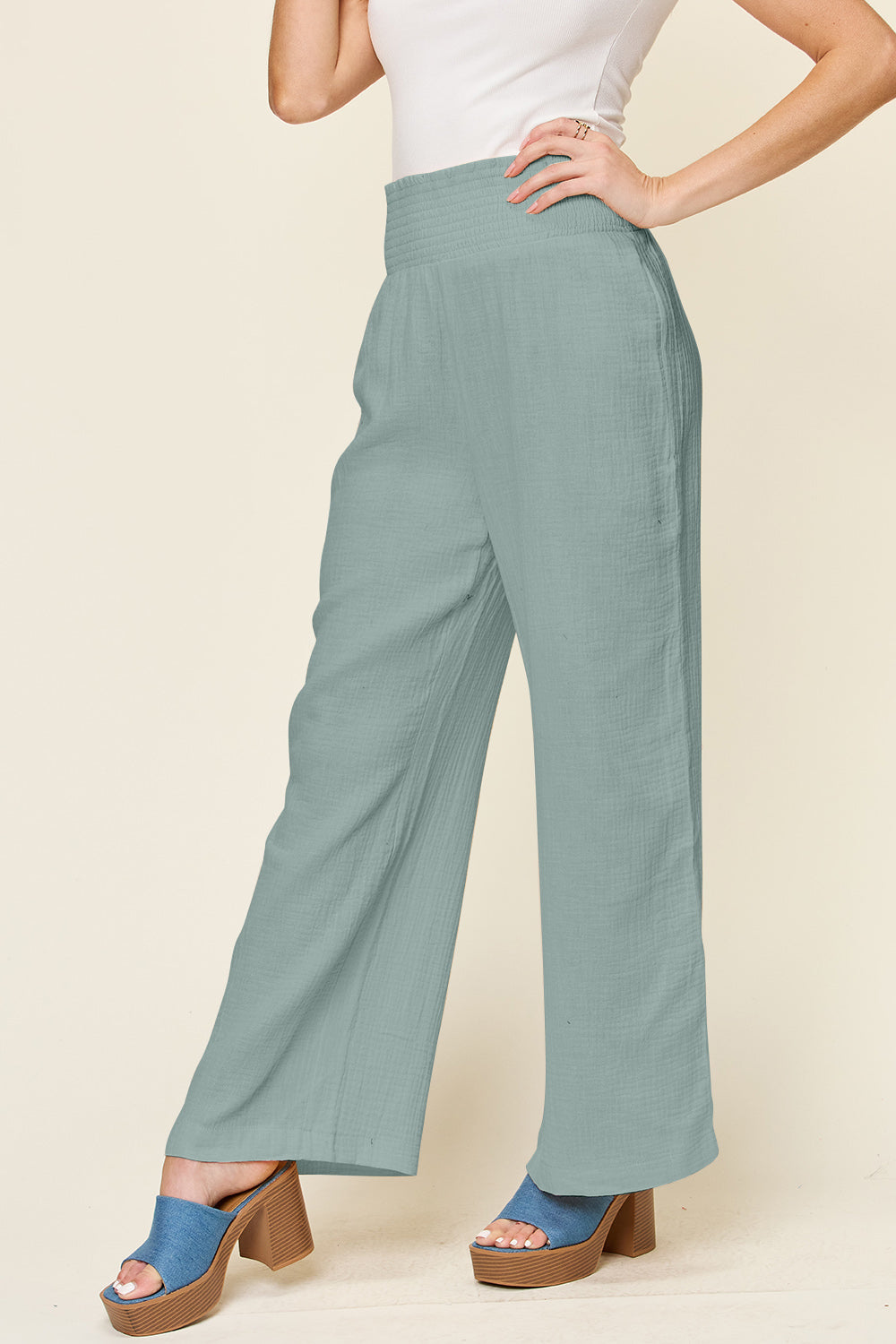 Full Size Texture Smocked Waist Wide Leg Pants