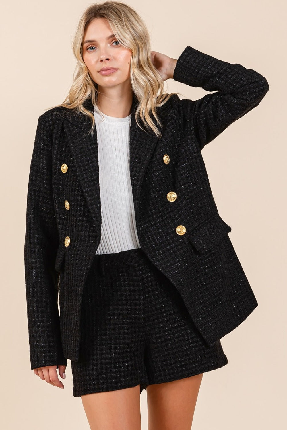 Plaid Texture Double-Breasted Long Sleeve Blazer