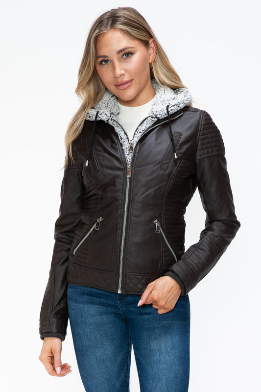 Vegan Layered Double-Zipper Jacket with Fuzzy Hood