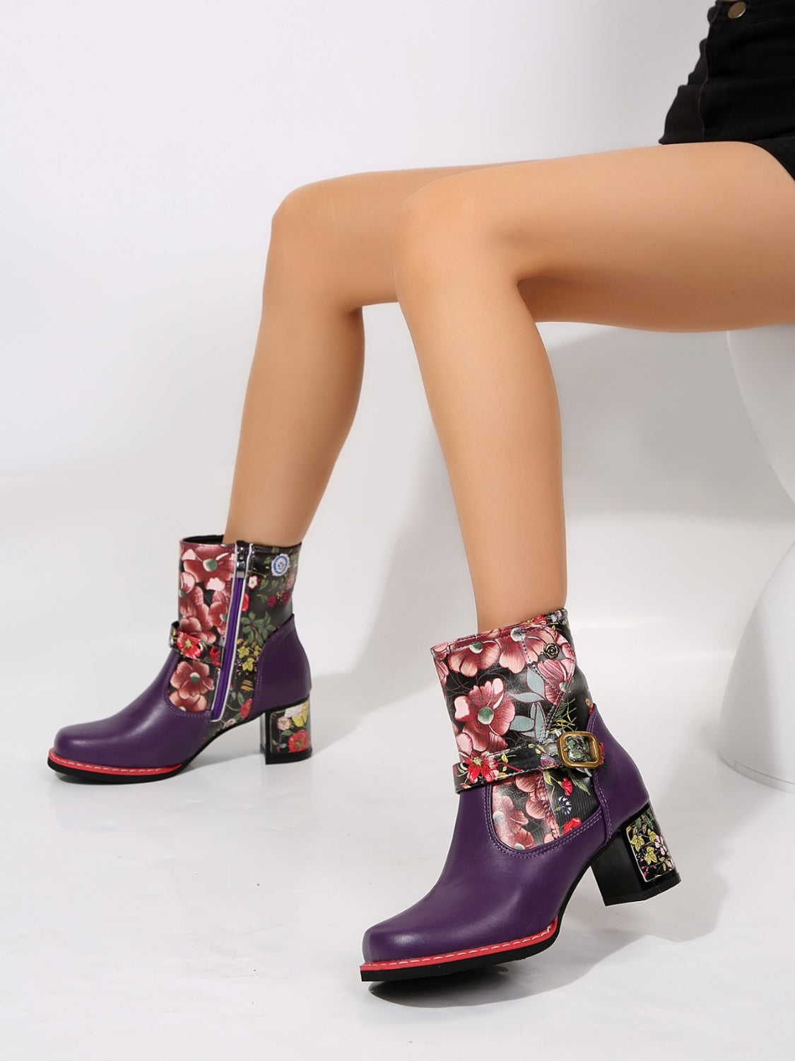 Vegan Leather Flower Block Heel Boots