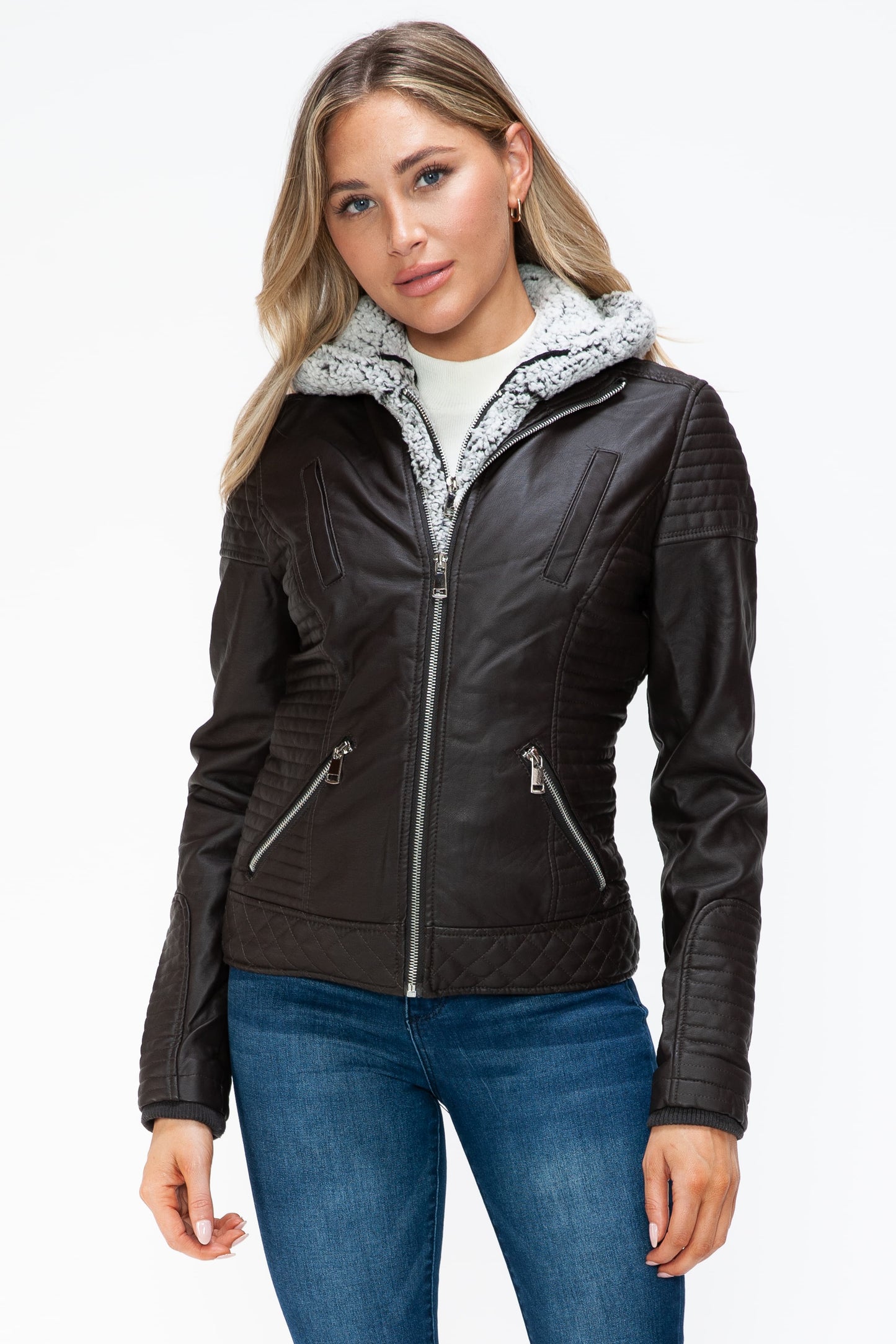 Vegan Layered Double-Zipper Jacket with Fuzzy Hood