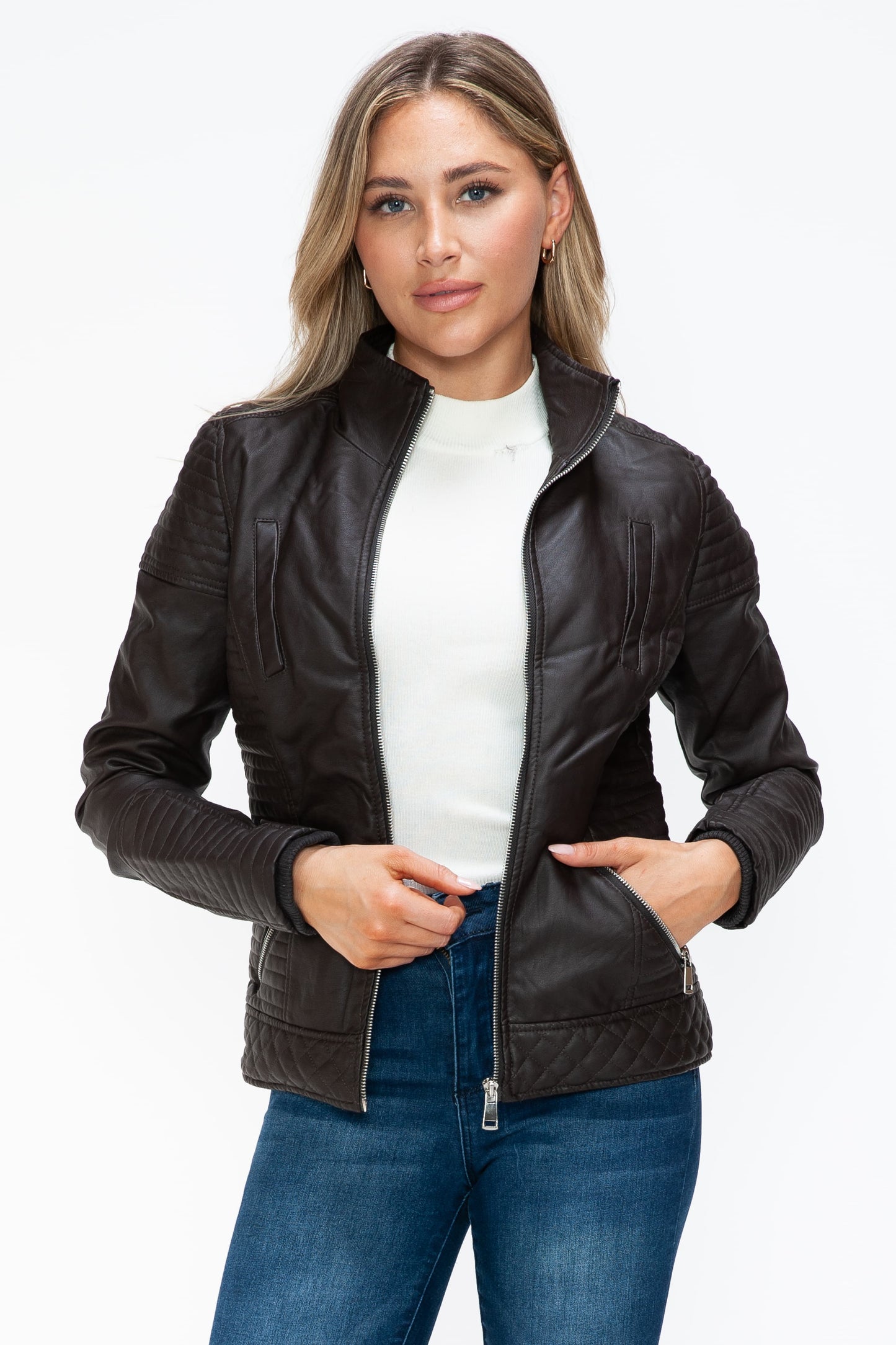 Vegan Layered Double-Zipper Jacket with Fuzzy Hood