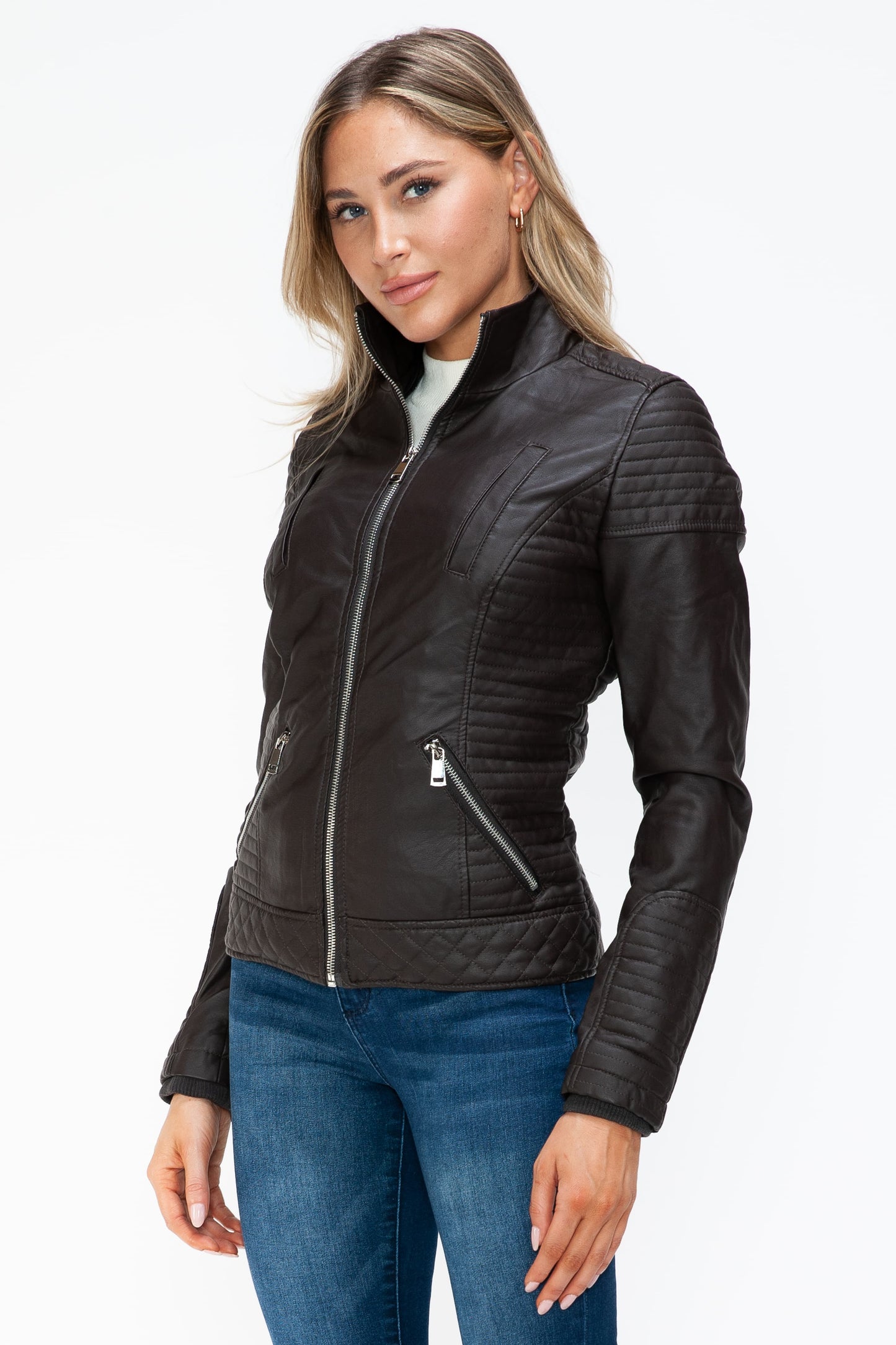 Vegan Layered Double-Zipper Jacket with Fuzzy Hood