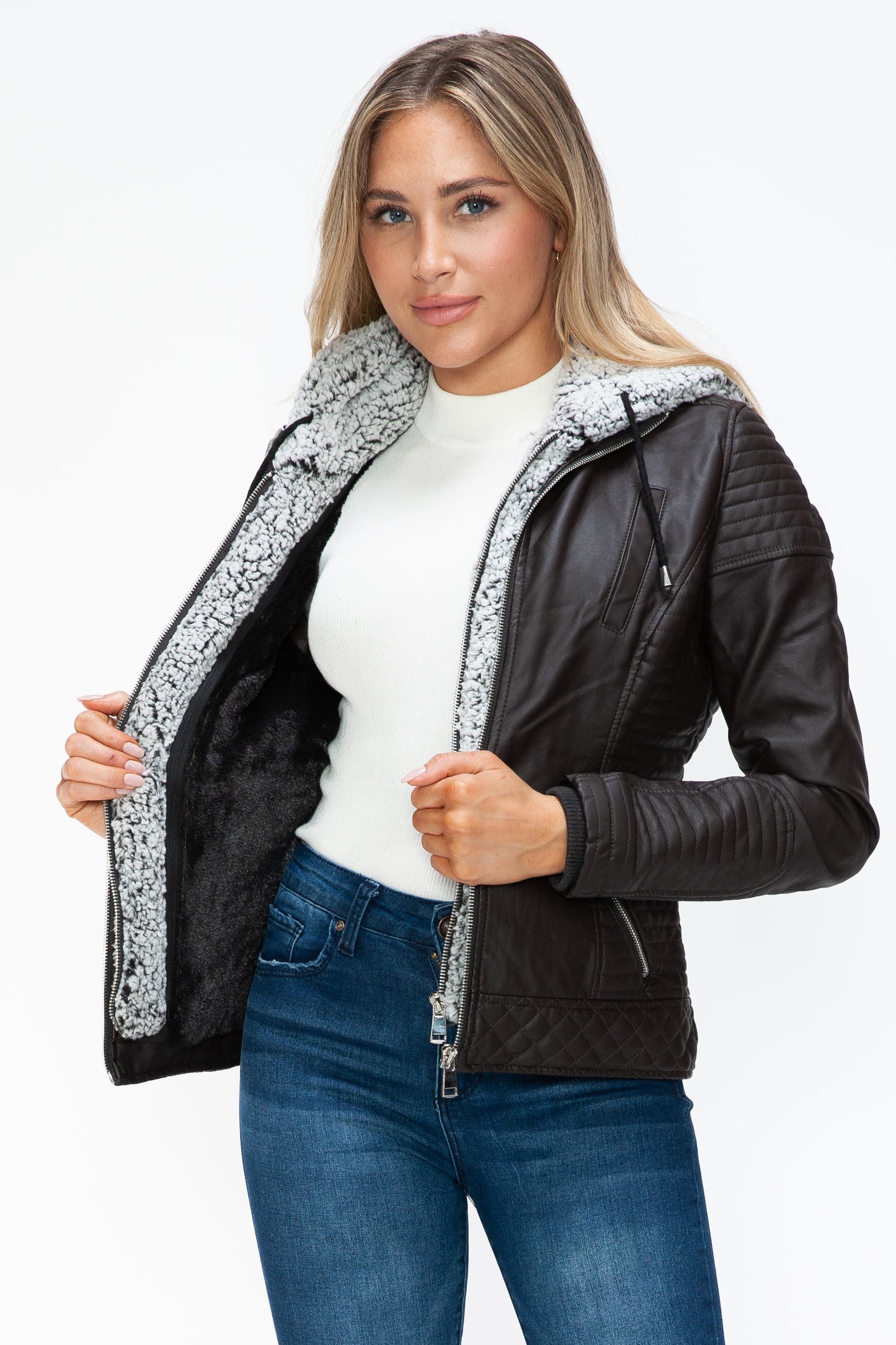 Vegan Layered Double-Zipper Jacket with Fuzzy Hood