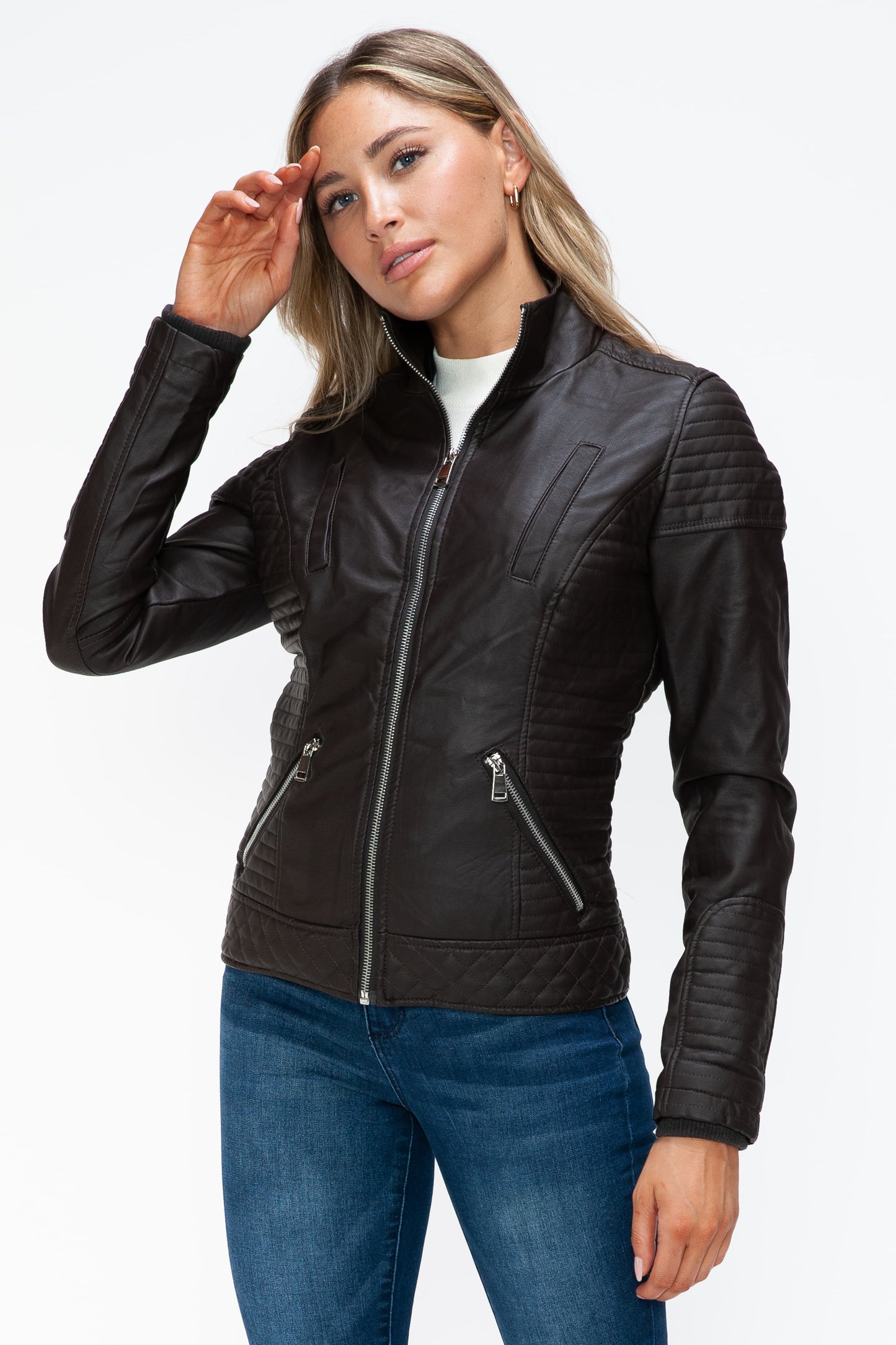 Vegan Layered Double-Zipper Jacket with Fuzzy Hood