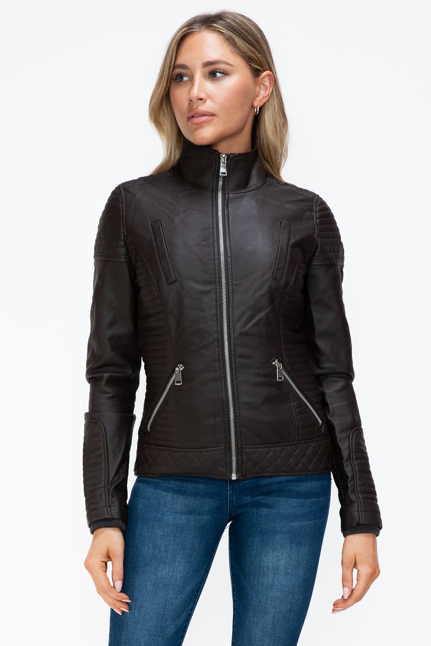 Vegan Layered Double-Zipper Jacket with Fuzzy Hood