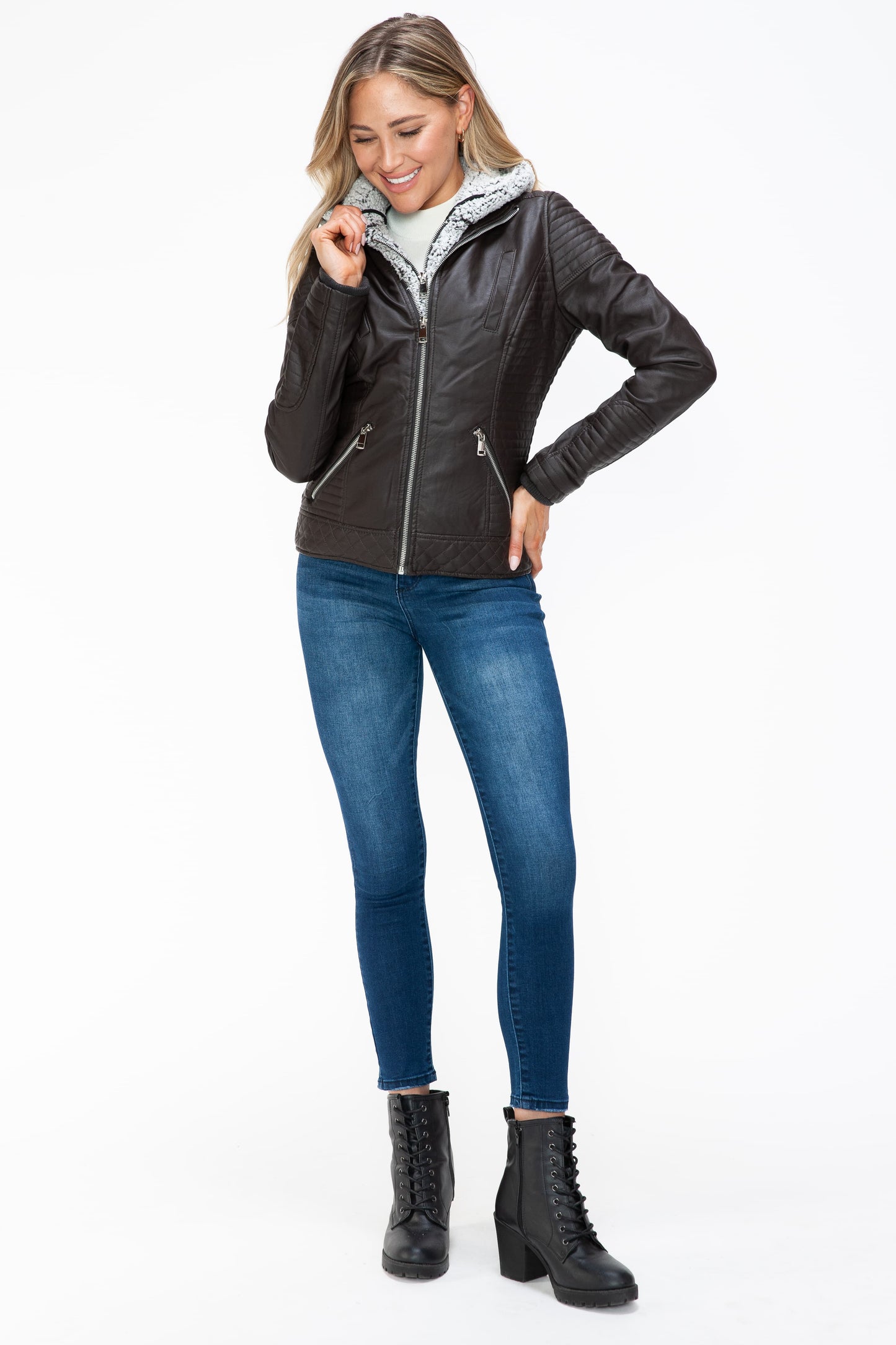 Vegan Layered Double-Zipper Jacket with Fuzzy Hood