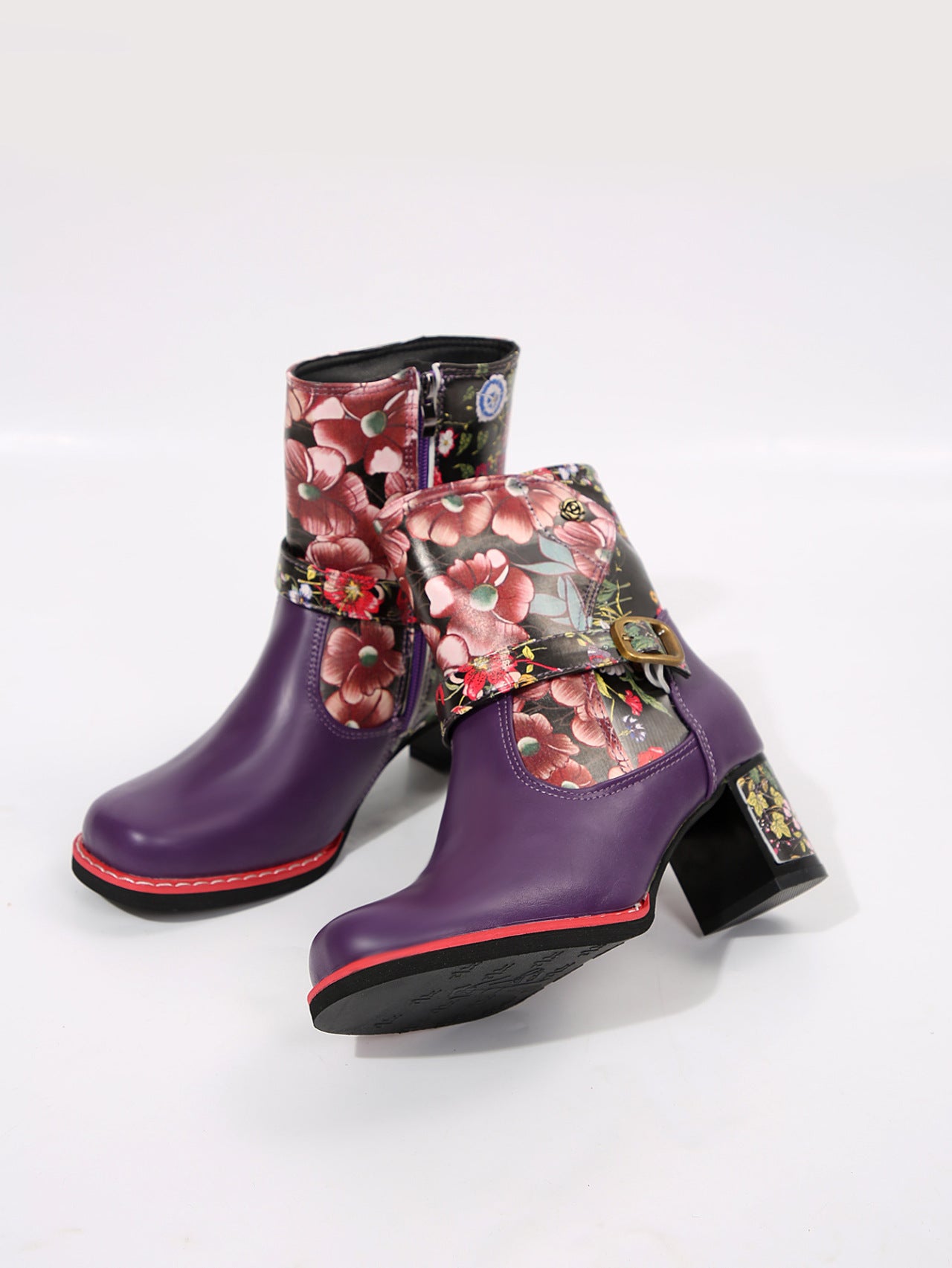 Vegan Leather Flower Block Heel Boots