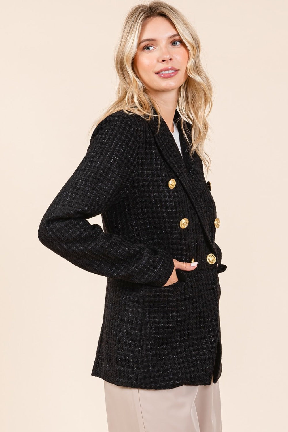 Plaid Texture Double-Breasted Long Sleeve Blazer