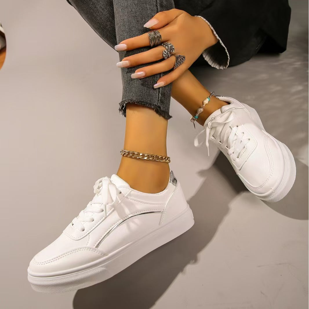 Vegan Leather Fashion Round Toe Flat Sneakers