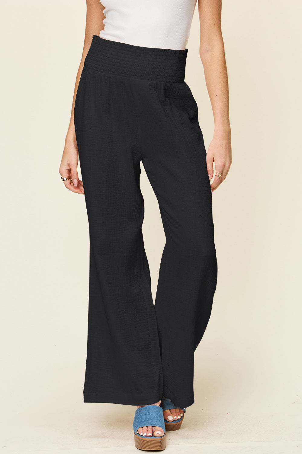 Full Size Texture Smocked Waist Wide Leg Pants