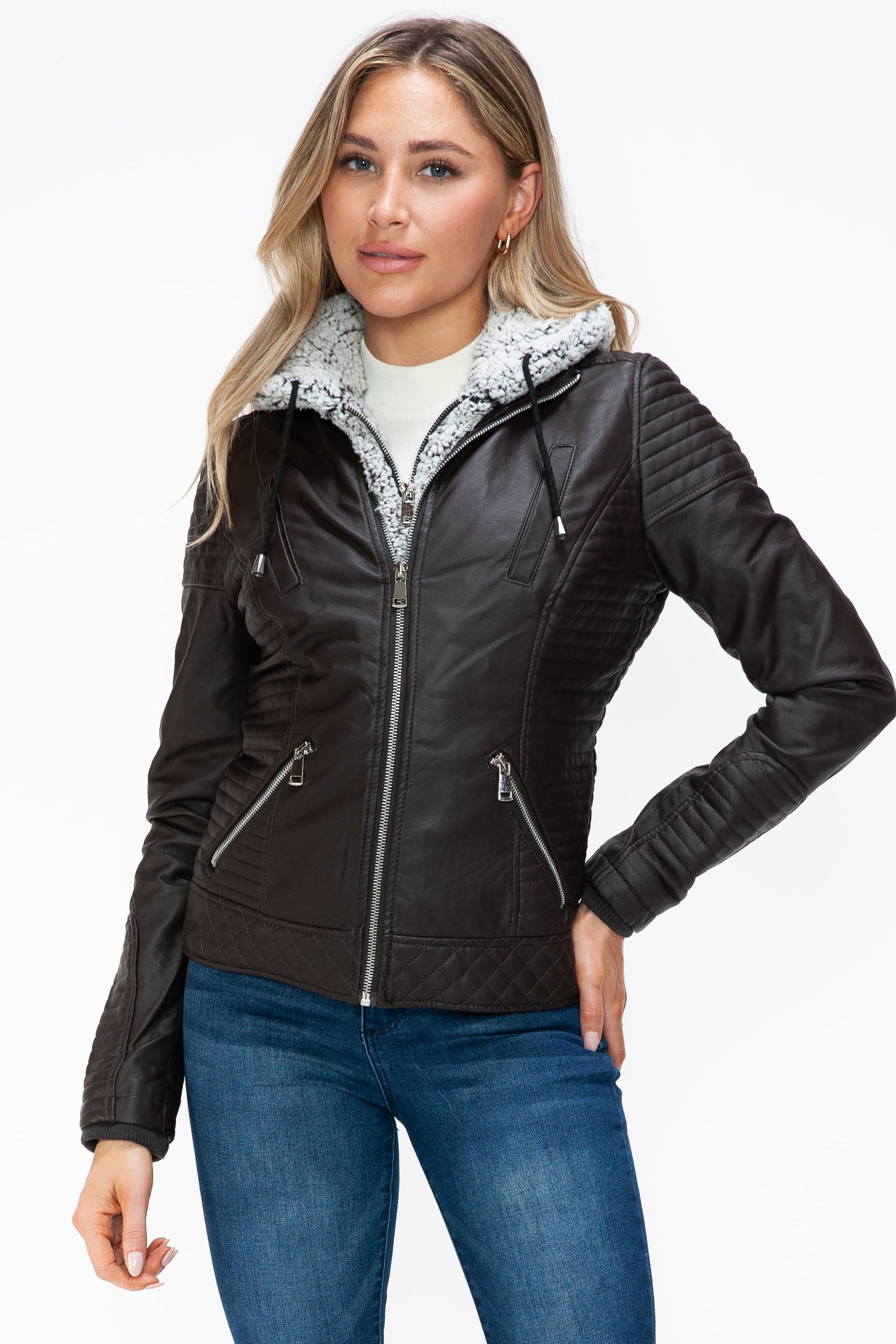 Vegan Layered Double-Zipper Jacket with Fuzzy Hood