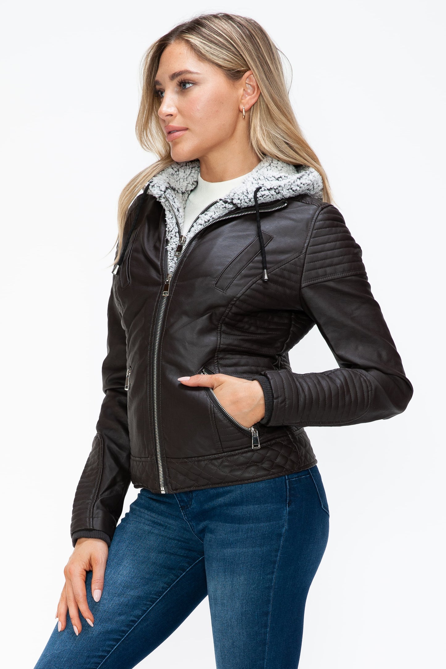 Vegan Layered Double-Zipper Jacket with Fuzzy Hood