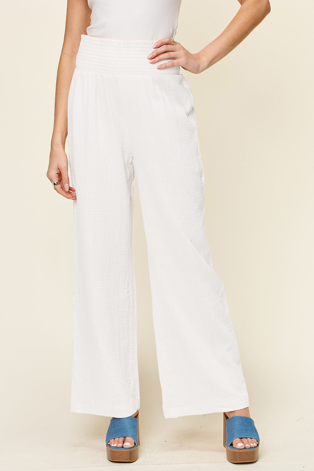 Full Size Texture Smocked Waist Wide Leg Pants